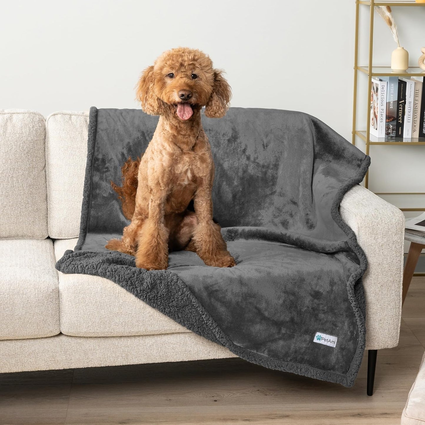 Waterproof Dog Blanket for Bed Couch Sofa,Waterproof Dog Bed Cover for Large Dogs,Grey Sherpa Fleece Pet Blanket Furniture Protector,Reversible,Queen 90 Inch X 90 Inch,Gray/Gray Sherpa