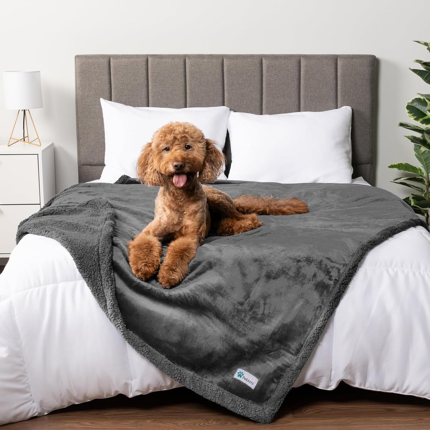 Waterproof Dog Blanket for Bed Couch Sofa,Waterproof Dog Bed Cover for Large Dogs,Grey Sherpa Fleece Pet Blanket Furniture Protector,Reversible,Queen 90 Inch X 90 Inch,Gray/Gray Sherpa