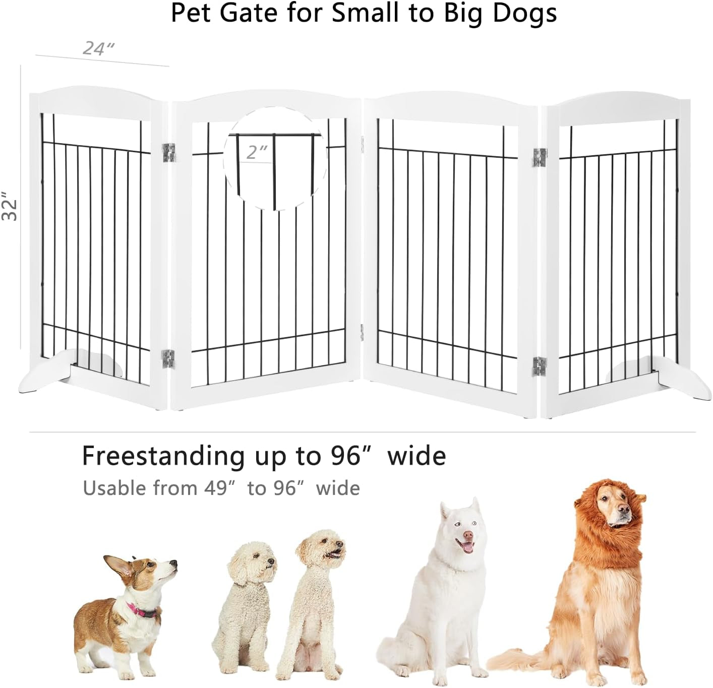 Extra Wide Dog Gate for the House, Doorway, Stairs, Dog Fences Indoor, Freestanding Foldable Wooden Pet Gates for Dogs, Set of Support Feet Included, 96 in Wide 30 in Tall, 4 Panels White