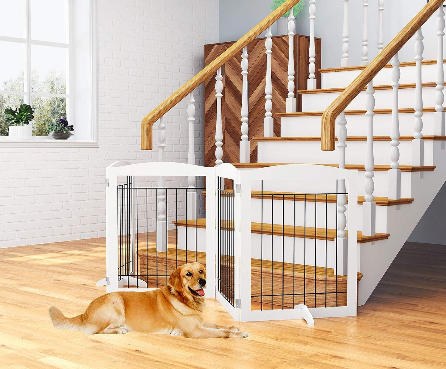Extra Wide Dog Gate for the House, Doorway, Stairs, Dog Fences Indoor, Freestanding Foldable Wooden Pet Gates for Dogs, Set of Support Feet Included, 96 in Wide 30 in Tall, 4 Panels White
