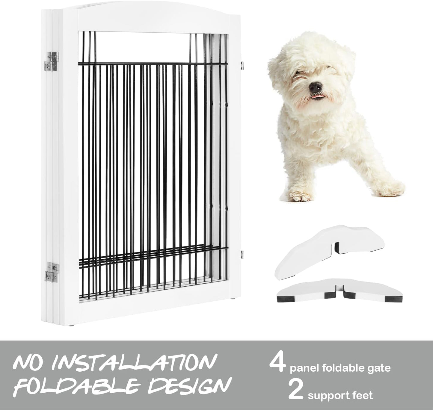 Extra Wide Dog Gate for the House, Doorway, Stairs, Dog Fences Indoor, Freestanding Foldable Wooden Pet Gates for Dogs, Set of Support Feet Included, 96 in Wide 30 in Tall, 4 Panels White