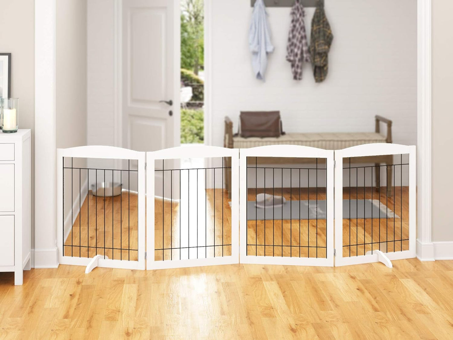 Extra Wide Dog Gate for the House, Doorway, Stairs, Dog Fences Indoor, Freestanding Foldable Wooden Pet Gates for Dogs, Set of Support Feet Included, 96 in Wide 30 in Tall, 4 Panels White