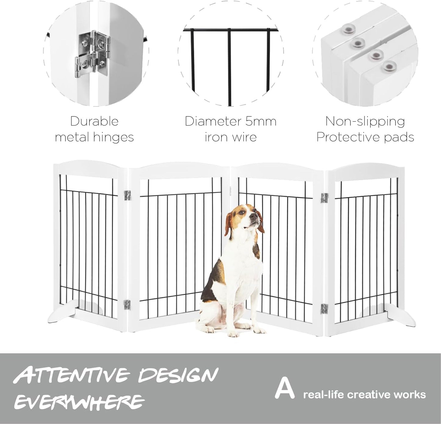 Extra Wide Dog Gate for the House, Doorway, Stairs, Dog Fences Indoor, Freestanding Foldable Wooden Pet Gates for Dogs, Set of Support Feet Included, 96 in Wide 30 in Tall, 4 Panels White