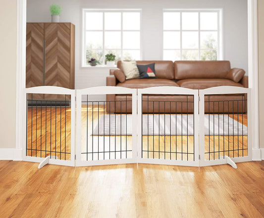 Extra Wide Dog Gate for the House, Doorway, Stairs, Dog Fences Indoor, Freestanding Foldable Wooden Pet Gates for Dogs, Set of Support Feet Included, 96 in Wide 30 in Tall, 4 Panels White