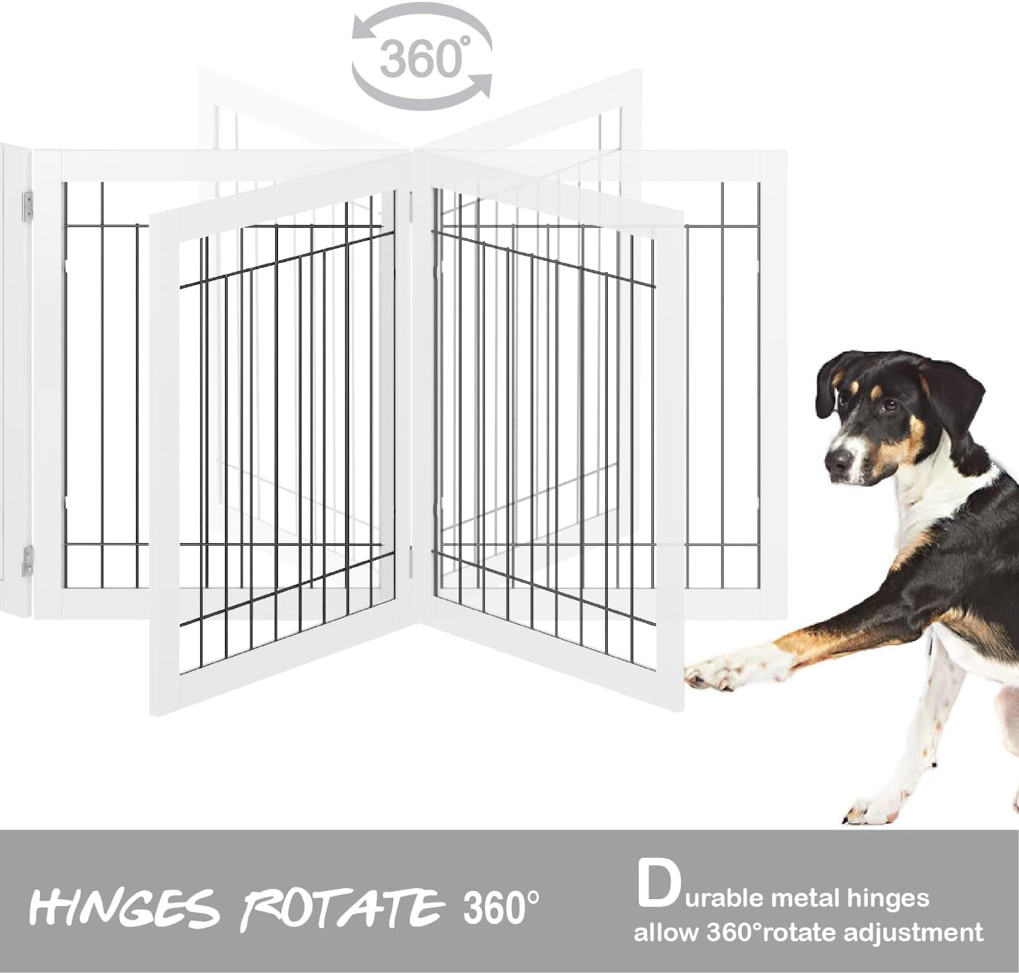 Extra Wide Dog Gate for the House, Doorway, Stairs, Dog Fences Indoor, Freestanding Foldable Wooden Pet Gates for Dogs, Set of Support Feet Included, 96 in Wide 30 in Tall, 4 Panels White