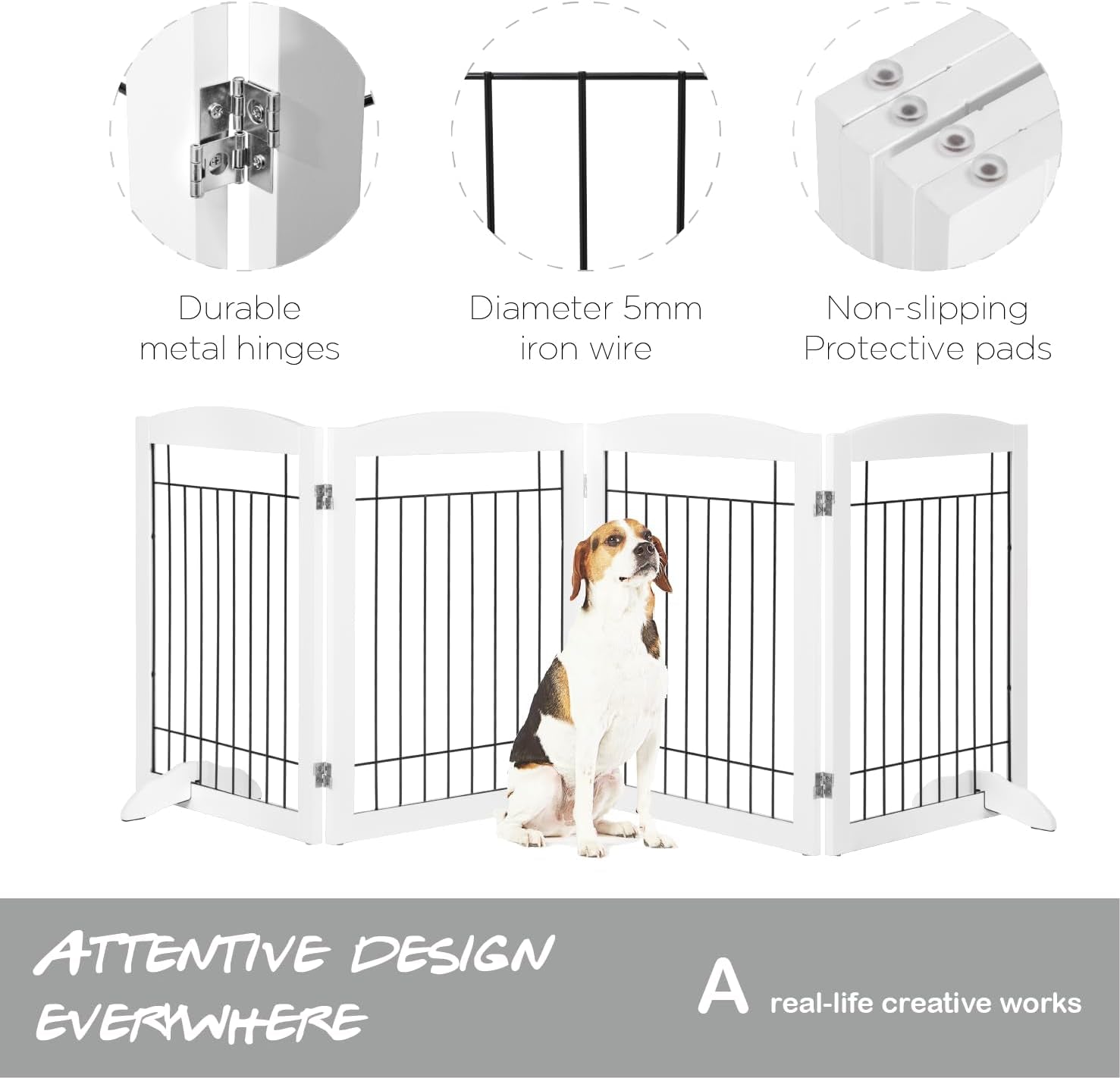 Extra Wide Dog Gate for the House, Doorway, Stairs, Dog Fences Indoor, Freestanding Foldable Wooden Pet Gates for Dogs, Set of Support Feet Included, 96 in Wide 30 in Tall, 4 Panels White